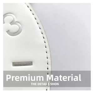 Close-up of white PU leather bag detailing fine stitching and silver embossed number 3