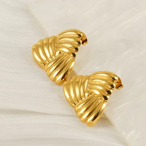 18k gold plated stainless steel earrings with fan-shaped wave texture on white background