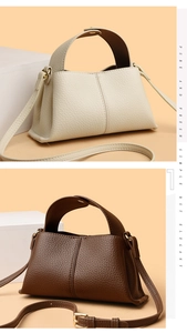 Detail of square leather tote bags in cream and brown with litchi grain texture