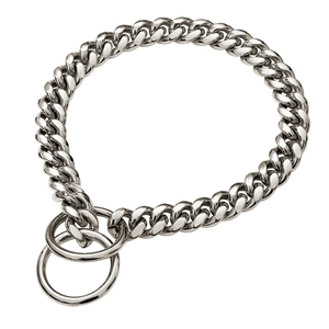 Close-up of 10mm polished stainless steel Cuban link dog collar with mirror finish