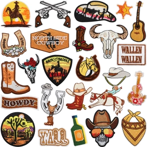 Western Cowboy Style Embroidered Patches Bull Skull Boot Iron On Appliques For Clothing Jackets Backpacks DIY Decoration Vintage