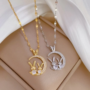 Titanium steel necklaces featuring moon and rabbit pendants with sparkling zircons