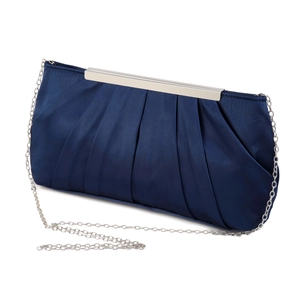 Detail view of navy blue pleated satin evening clutch with silver chain and metal clasp
