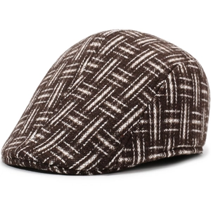 Close-up of brown and white checkered pattern on a warm brushed fabric newsboy cap