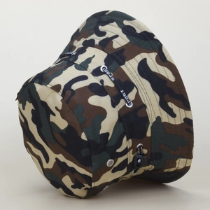 Detail of camouflage sun hat featuring metal eyelets and adjustable sport drawstring