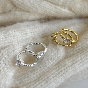 Elegant twisted rope 925 silver and gold hoop earrings with square zircon crystal