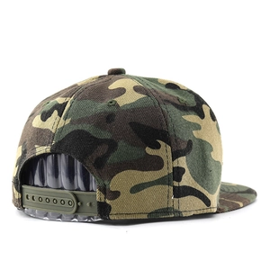 Detail view of the green camouflage snapback hat with adjustable green plastic closure