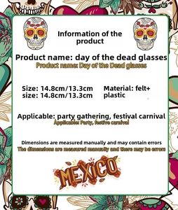 Detailed size specifications for Day of the Dead felt party glasses with floral motifs