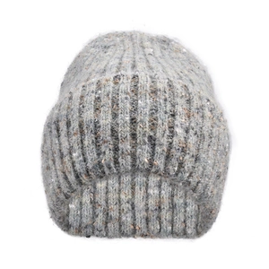 Detail of grey ribbed knit beanie with colorful speckles and thick folded cuff design