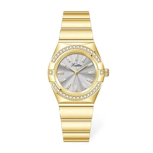 Elegant gold-tone ladies watch with sparkling crystal bezel and silver sunray dial