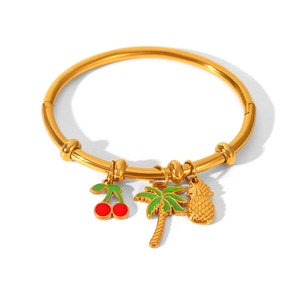 Bracciale in acciaio inossidabile placcato oro 18k con ciondoli ciliegia, palma e ananas