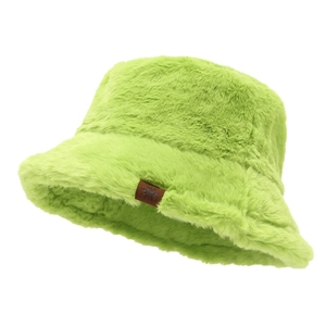 Fuzzy green plush bucket hat for women with small snowflake leather patch for winter