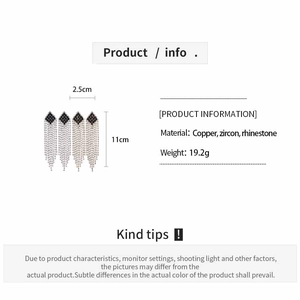 Detailed size and material chart for diamond-studded tassel earrings in silver and black