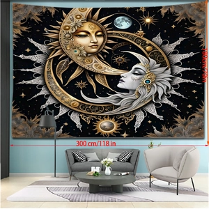 Détail de la tapisserie soleil et lune de 300x180cm affichée sur un mur de salon moderne