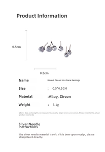 Size and material specifications for a 6-piece set of small cubic zirconia stud earrings