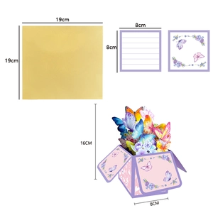 Detailed components of 3D butterfly flower card with envelope and note dimensions