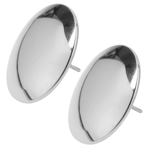Detail view of high-polished 304 stainless steel oval stud earrings in silver finish