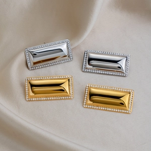 Polished rectangular stainless steel earrings with sparkling rhinestones in gold and silver