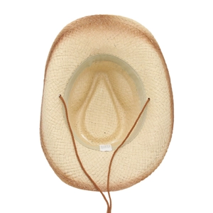 Pink straw cowboy hat with brown chin strap for beach and outdoor sun protection