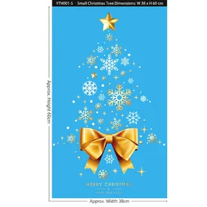 Golden and white snowflake Christmas tree wall sticker with bow and star on blue background
