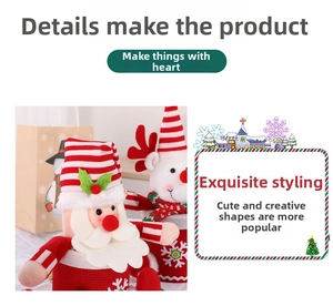 Detail view of Santa and reindeer plush candy bags with red stripe knit fabric textures