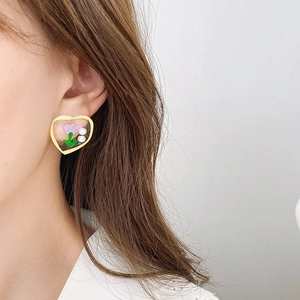 Heart Stud Earrings With Tulip Flower And Faux Artificial Pearl Resin Alloy Sweet Korean Style Women Silver Earring Post