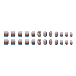 French amber gradient press-on nails with blue rim and sparkling rhinestone accents