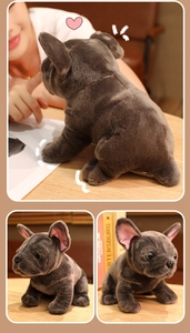 Detailed view of the dark grey plush French Bulldog doll with realistic facial folds