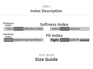 Size guide index for sleeveless printed dress showing thickness softness and fit details