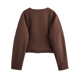 Rear view of a dark brown short jacket for women with smooth woven fabric and round neck