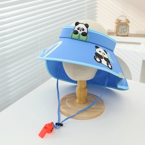 Close-up of kids blue panda sun hat featuring wide brim and red whistle on chin strap