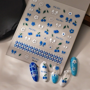 5D Embossed Nail Art Stickers Klein Blue Bow Cherry Blueberry Flower Waterproof Decorative Decals Manicure Accessory