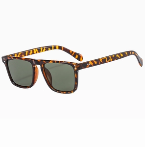 Detail view of tortoiseshell square sunglasses with dark green lenses and metal rivets