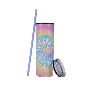 Colorful tie-dye stainless steel skinny tumbler with purple straw and transparent lid
