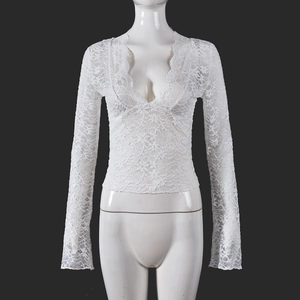 Detailed close-up of white floral lace texture and deep V-neckline on a long sleeve top