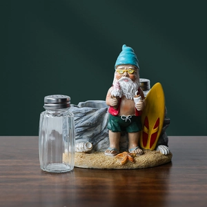 Gnome beach theme salt and pepper shaker set with resin base and glass bottles