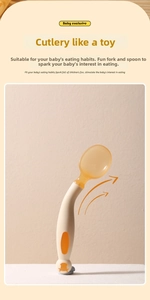 Ergonomic curved baby feeding spoon with non-slip wide handle and cute bear pattern