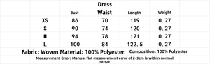 Size guide for floral cowl neck dress with chest and waist measurements in XS to L