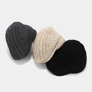 Retro cable knit beret cap for men and women in dark grey, beige, and black colors