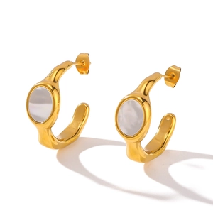 Vintage gold textured stainless steel C-shape earrings with white shell inlay