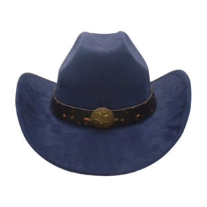 Détail d'un chapeau de cow-boy en daim bleu foncé avec ruban en cuir et emblème d'étoile