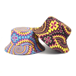 Psychedelic Print Bucket Hat Cotton Canvas Summer Sun Protection Outdoor Travel Retro Kaleidoscope Pattern Men Women