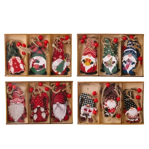 Set of 12 festive wooden Christmas gnome ornaments with red beads and rustic hanging twine