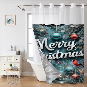 Double-layer Christmas shower curtain with Merry Christmas text and festive bird patterns