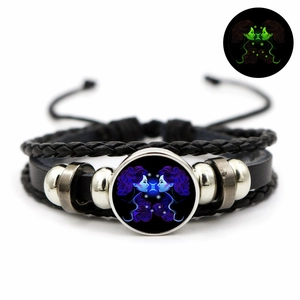 Luminous Gemini constellation leather bracelet with multi-layer braided design in black