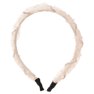 Elegant cream white mesh headband with pearls and wavy rhinestones for women