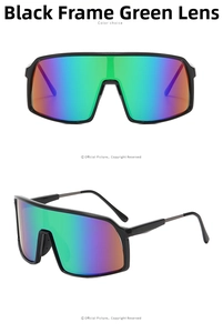 Detail view of black frame cycling sunglasses with gradient green rainbow mirror lenses