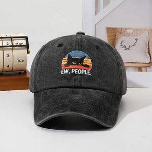 Vintage washed grey baseball cap featuring a cute black cat embroidery and sun graphic