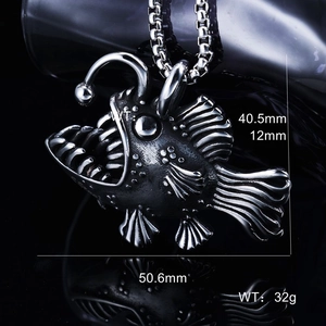 Detailed macro view of 316L stainless steel anglerfish pendant with skeletal textures