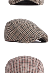 Vues détaillées d'une casquette plate à motif pied-de-poule et texture en laine